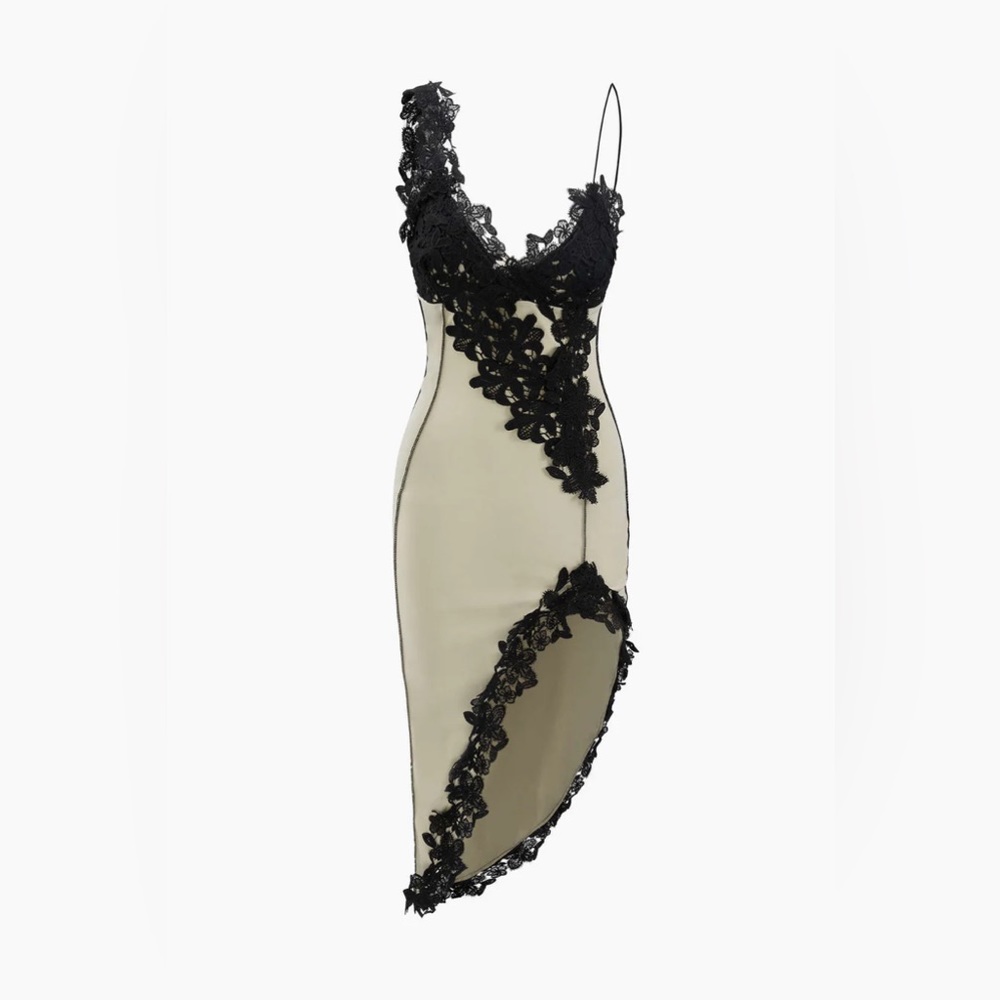 Asymmetrical Cream Dress with Black Floral Lace Detail